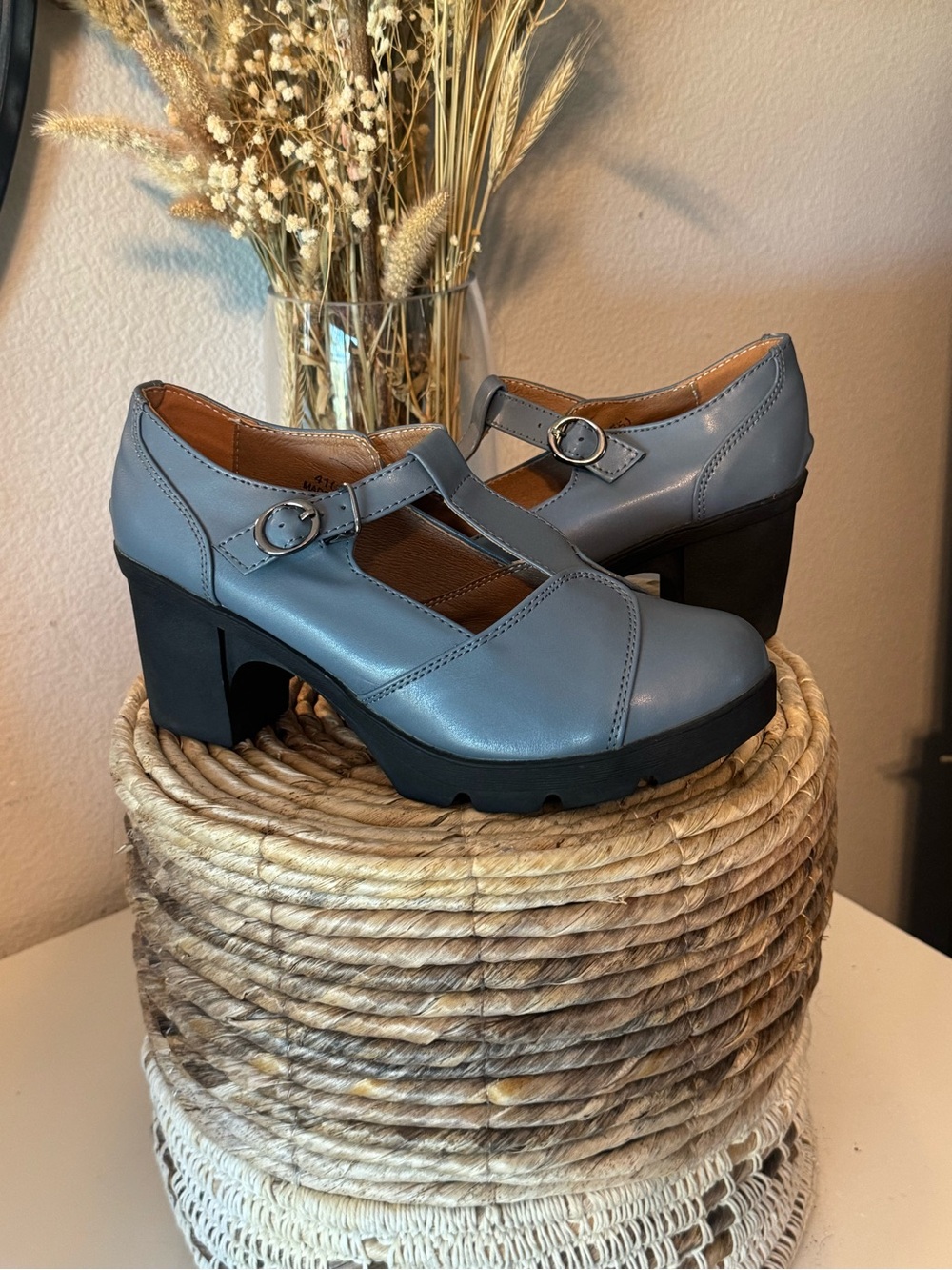 DADAWEN Women's Classic T-Strap Platform Mid-Heel Oxfords - Dusty Blue US 10